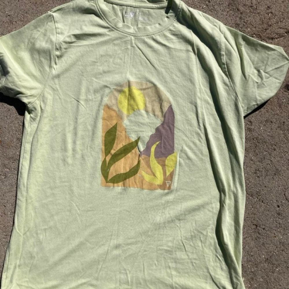 LIV Outdoors green t-shirt with abstract desert graphic outdoor gorpcore